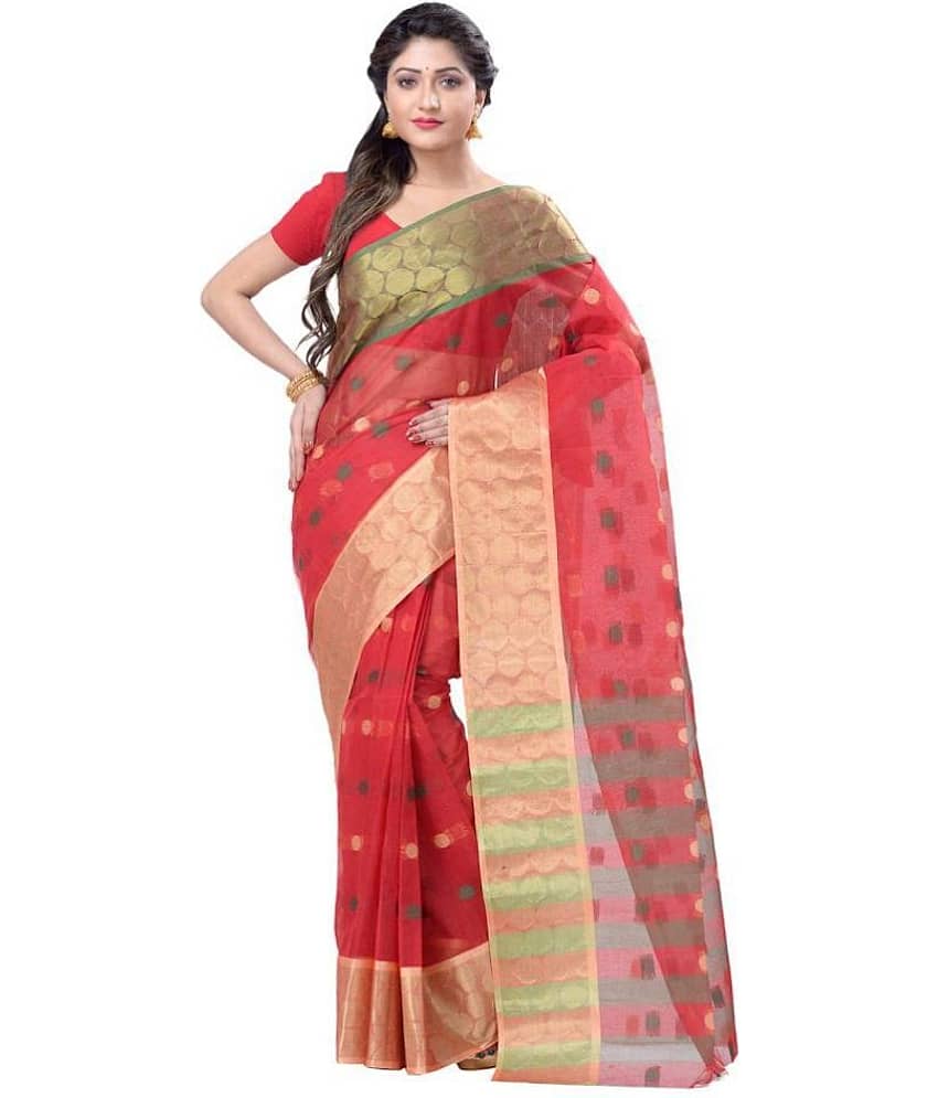 Desh Bidesh Cotton Self Design Saree Without Blouse Piece ( Green,Red )