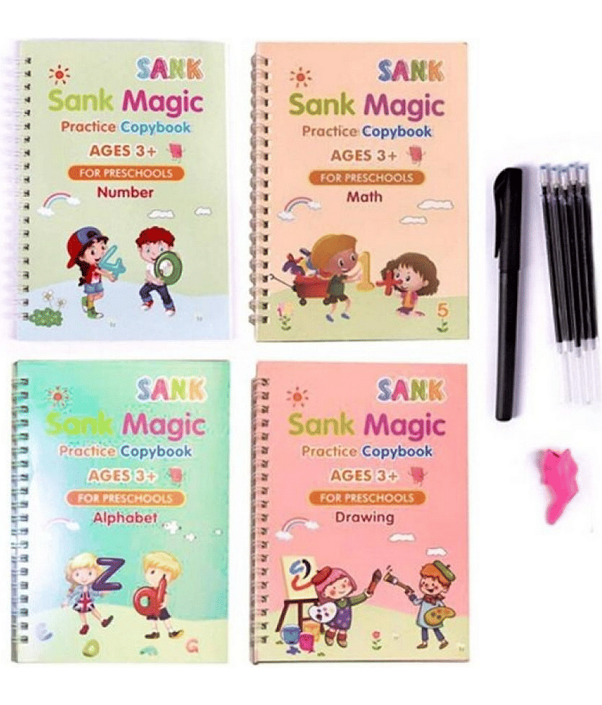 Sank Magic Practice Copybook for Kids,Magic Calligraphy Handwriting Copybook Set,English Writing Practice Book for Kid (4 Books + 10 Refills + 1 Grip + 1 Pen) - magic book, magic practice book, sank magic practice book, magic practice copybook