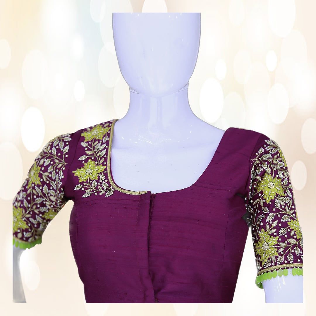 Designer Maggam Work Silk Blouse (Purple & Lime Green) | Intricate Hand Embroidery | Ethnic Party Wear