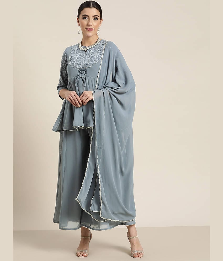 Juniper Women Georgette Embroidered A-line Kurti With Palazzo ( Grey )