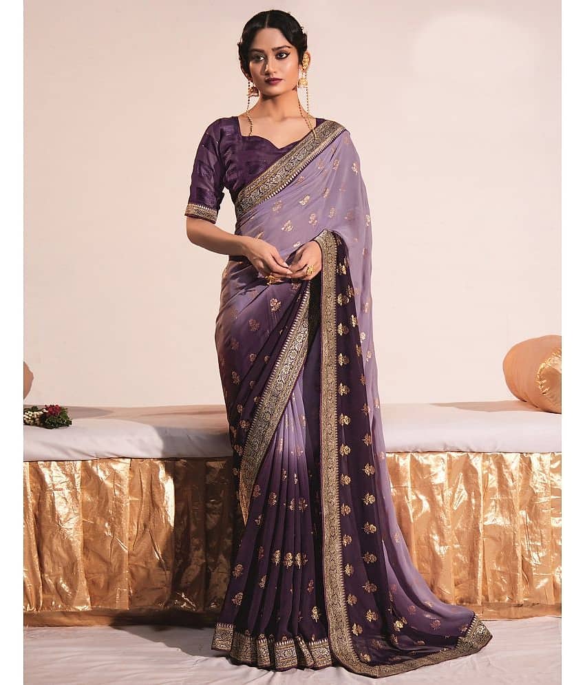 Samah Georgette Printed Saree With Unstitched Blouse Piece ( Purple )