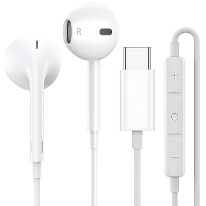Type C Wired Earphones for iPhone 17, 16, 15, 14, 13, 12, 11, XS | in-Ear Headset with Mic & Volume Buttons | Rich Bass, Noise-Free Calls (White)