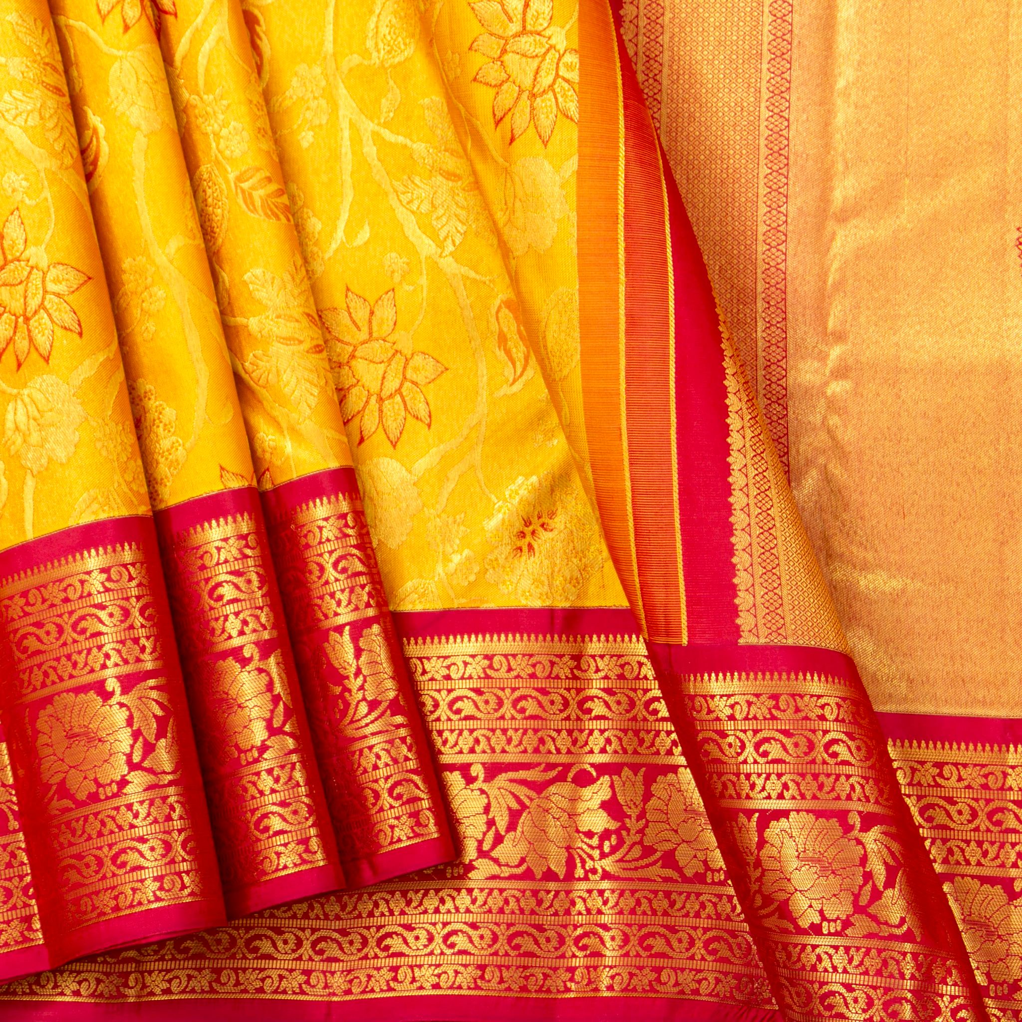 Yellow And Red Kanchipuram Silk Saree For Festive Wear PV NYC 1563
