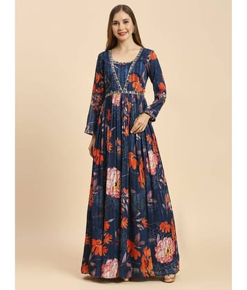 Madhuram Textiles Satin Printed Full Length Women's Gown - Blue ( Pack of 1 )
