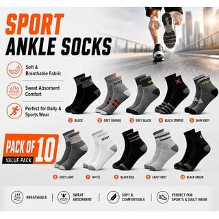 SPORT SOCKS 170526 PACK 10 Men Sports Ankle Socks Cotton Breathable Sweat Absorbent Daily Wear Socks for Men