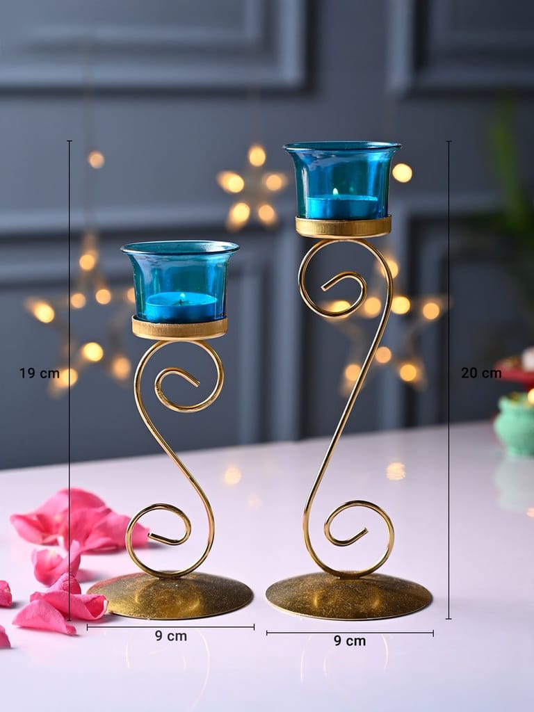 Decorative Gold Metal & Blue Glass Tealight Candle Holders Set