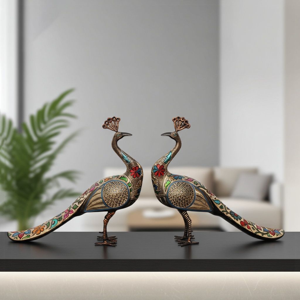 Brass Peacock Pair Statue – Elegant Indian Handicraft Showpiece, Height : 16.5 Inch (ANMAS250 E)