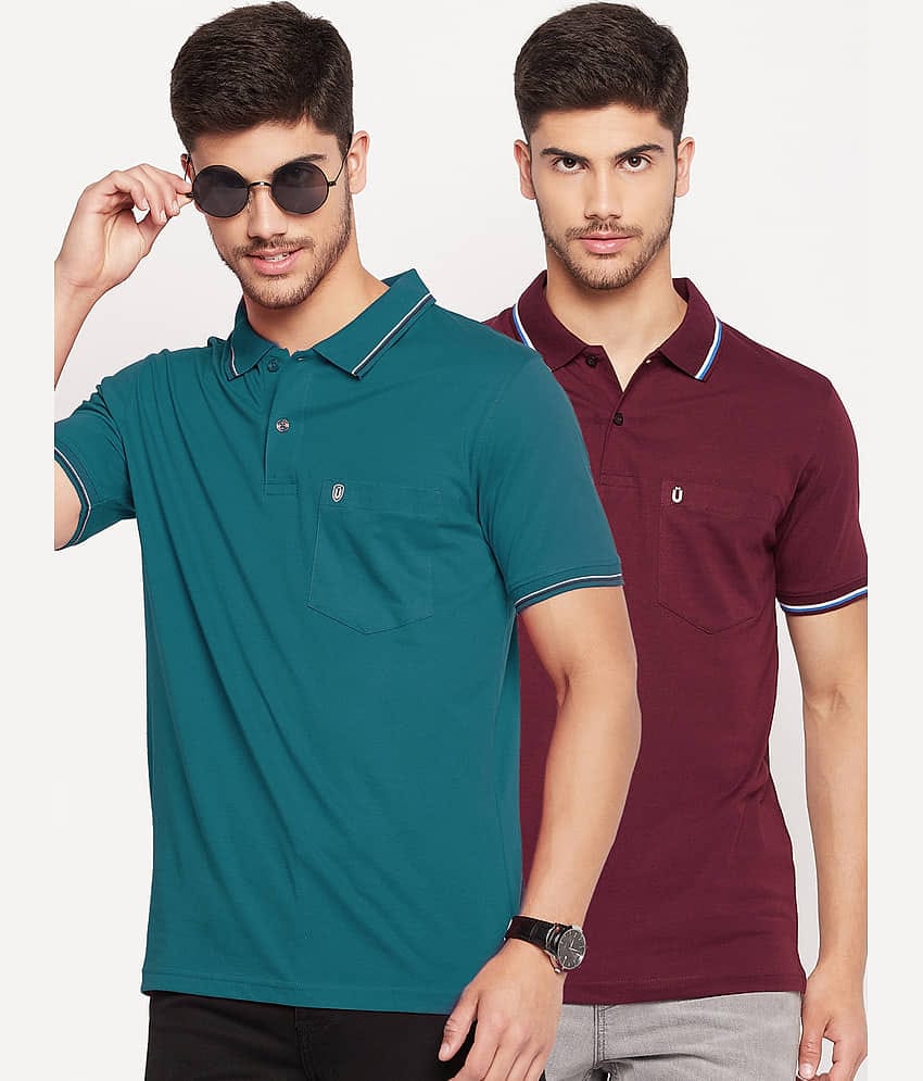 UNIBERRY Pack of 2 Cotton Blend Regular Fit Solid Half Sleeves Men's Polo T Shirt ( Teal Blue )