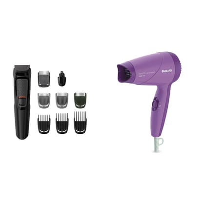 PHILIPS Multi Grooming Kit Mg3710/65, 9-In-1 (New Model), Face, Head And Body - All-In-One Trimmer, No Oil Needed, 60 Mins Run Time & Hp8100/46 Hair Dryer, Unisex PHILIPS Multi Grooming Kit Mg3710/65, 9-In-1 (New Model), Face, Head And Body - All-In-One 