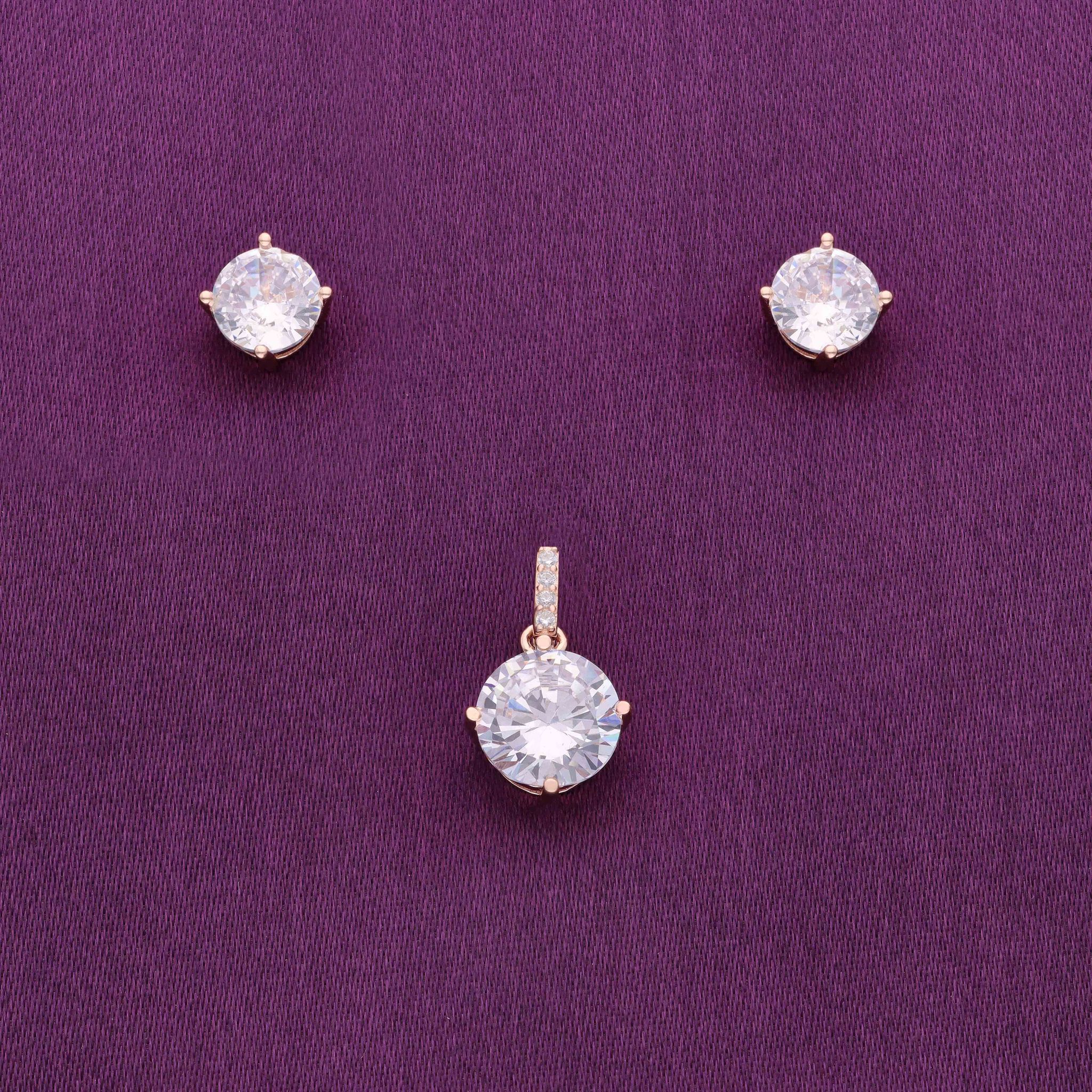 Simply Zircons Silver Pendant & Earrings Set-White Stone / Rose Gold