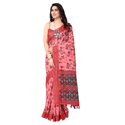 TheHangr Women's Linen Blue Saree With Red Geometrical Design With Purple Border And Contrast Red Pallu