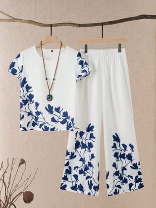 Trendy White Coord Set with Navy Blue Botanical Print-S