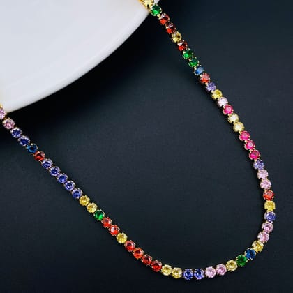 Rainbow Multi Color Cubic Zirconia Solitaire Tennis 18K Gold Necklace Chain for Women