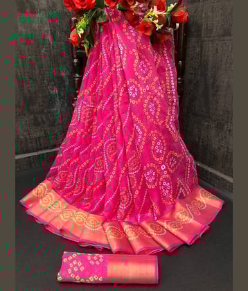 Vkaran Cotton Silk Printed Saree With Unstitched Blouse Piece ( Pink )