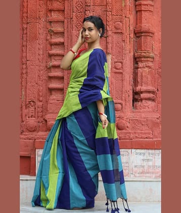 SARADA HANDLOOM Cotton Striped Saree With Unstitched Blouse Piece ( Multicolor )