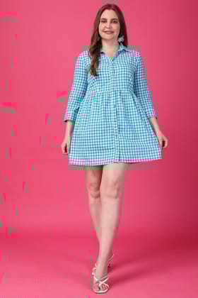 Blue Checked Front Buttoned Dress-L / Blue