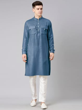 Denim Blue Pathani Kurta Set-XS/36 / Only Pathani - No Lowers