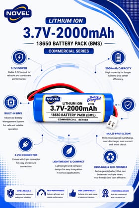 NOVEL 3.7V BMS 18650 LITHIUM ION SINGLE BATTERY WITH JST 2PIN- 2000mAh