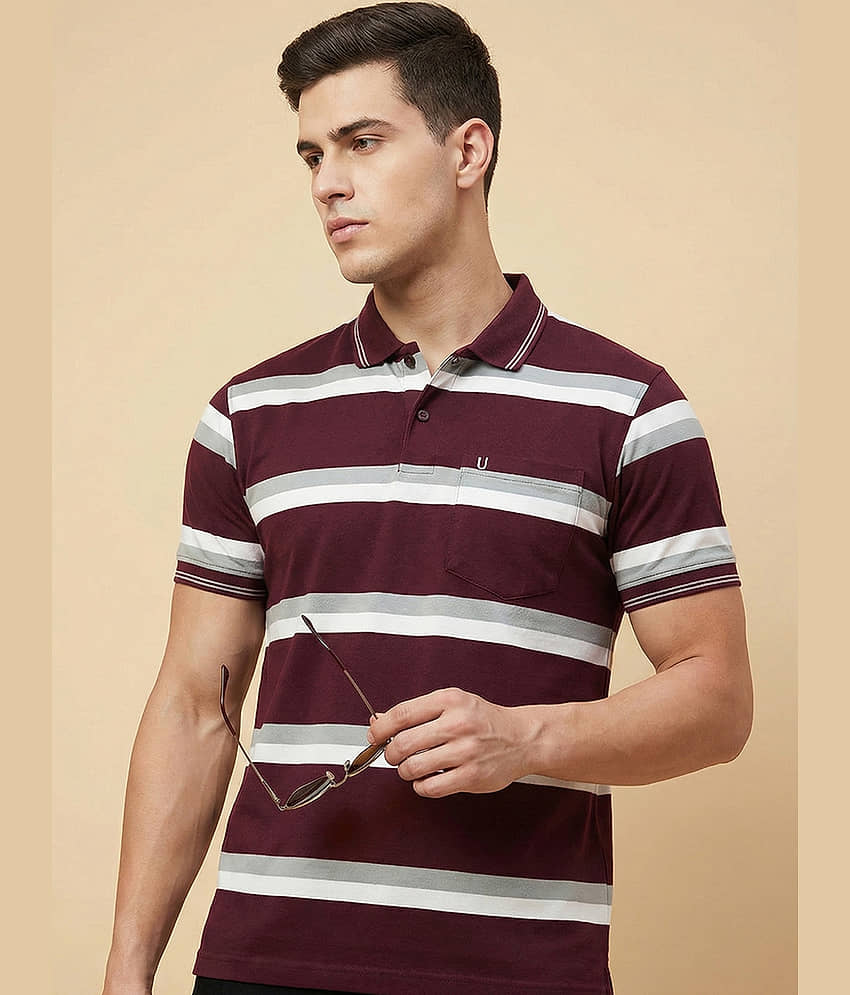 UNIBERRY Men Cotton Blend Regular Fit Striped Polo T Shirt ( Maroon )