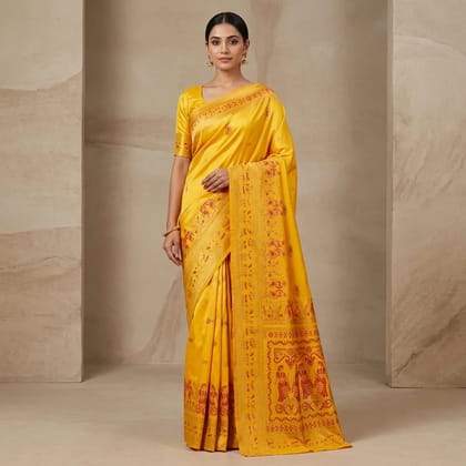Yellow Banarasi Satin Traditional Printed Saree For Women