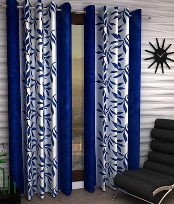N2C Home Floral Semi-Transparent Ring Rod Curtain 7 ft ( Pack of 2 ) - Blue