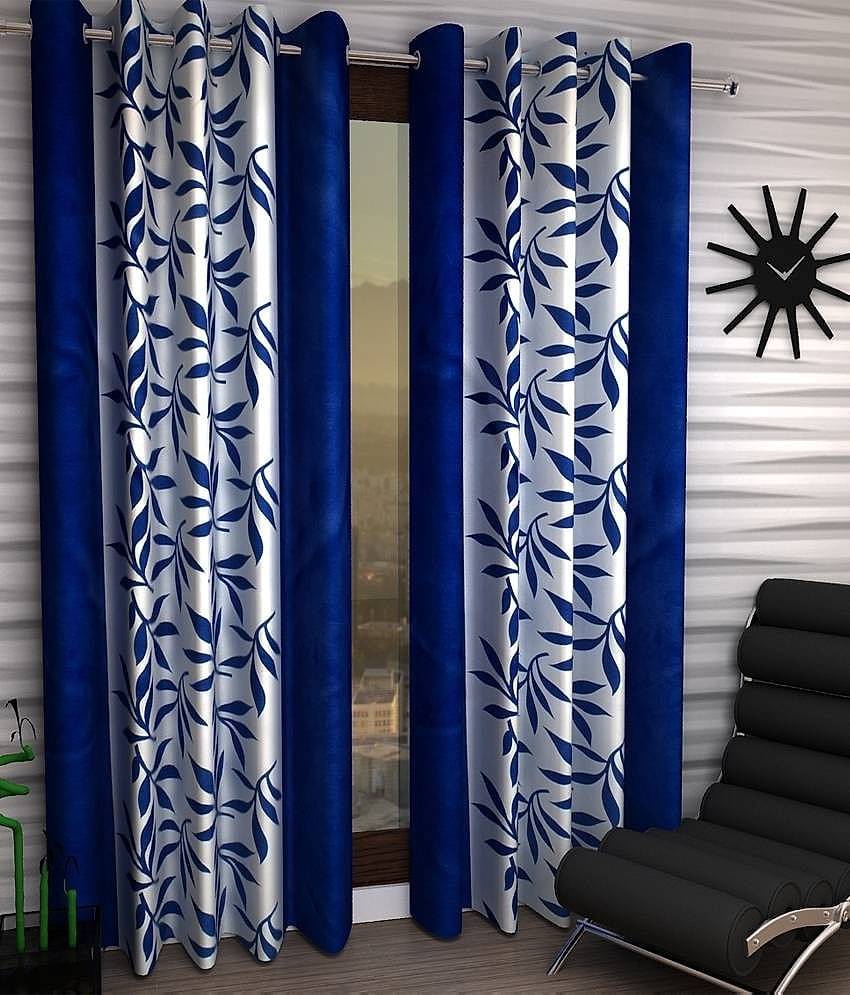 N2C Home Floral Semi-Transparent Ring Rod Curtain 7 ft ( Pack of 2 ) - Blue