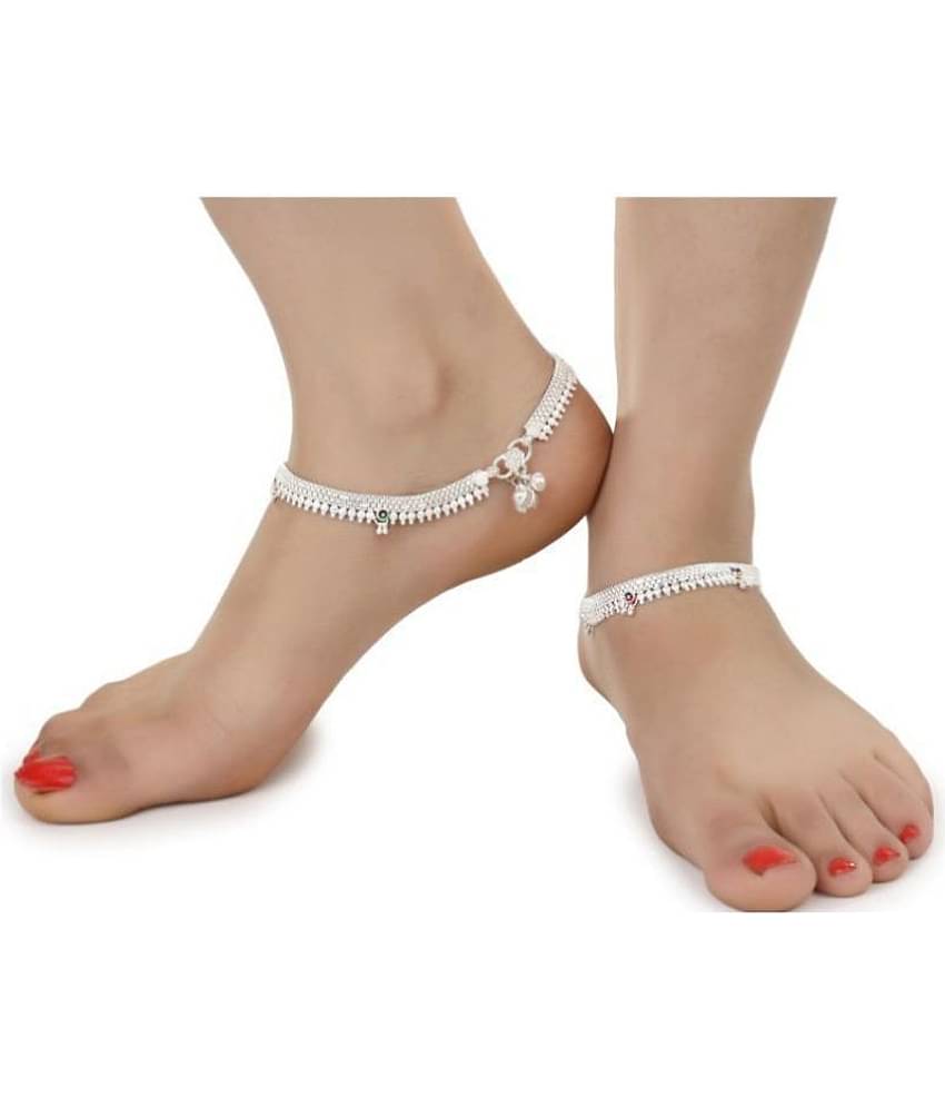 AanyaCentric Indian Traditional Ethnic Fancy Foot Jewelry Silver Plated White Metal Alloy Ghungru Paijan Payals Pajeb Leg Chains Trendy Designs Artificial Anklet Pairs for Woman and Girl