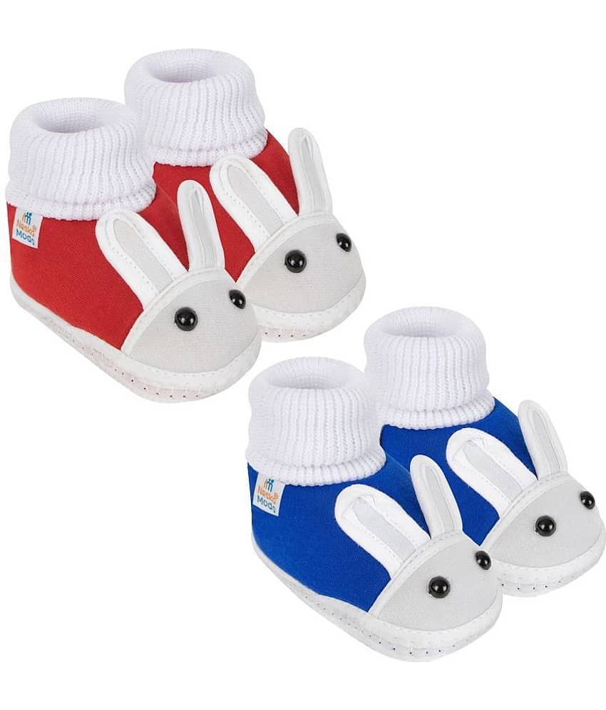 Neska Moda Set of 2 Pair Baby Boys & Baby Girls Rabbit Face Cotton Booties For 12 to 24 Months (Red,Blue)