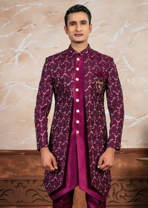 Wine Self Embroidered Open Indo Western Set