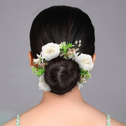 White Color Rose Flower Gajra For Women Hair Pin (HRP229WHT)-Length: 22.00 CM x Width: 4.50 CM / White / Alloy