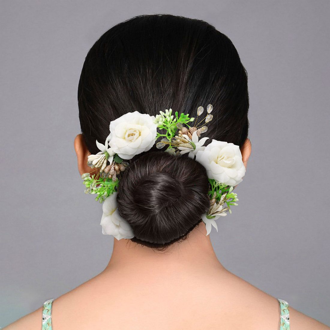 White Color Rose Flower Gajra For Women Hair Pin (HRP229WHT)-Length: 22.00 CM x Width: 4.50 CM / White / Alloy