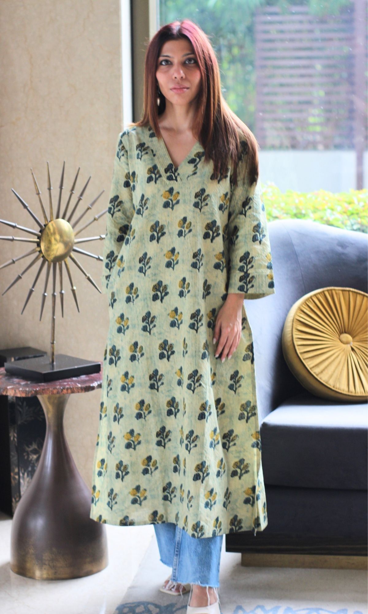Cotton Kantha Summer Green Vanaspati print A-line Kurta-XXS