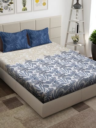 White & Blue Floral 300 TC King Bedsheet with 2 Pillow Covers