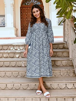Dark Blue Printed Dress with Pleated Yoke-44