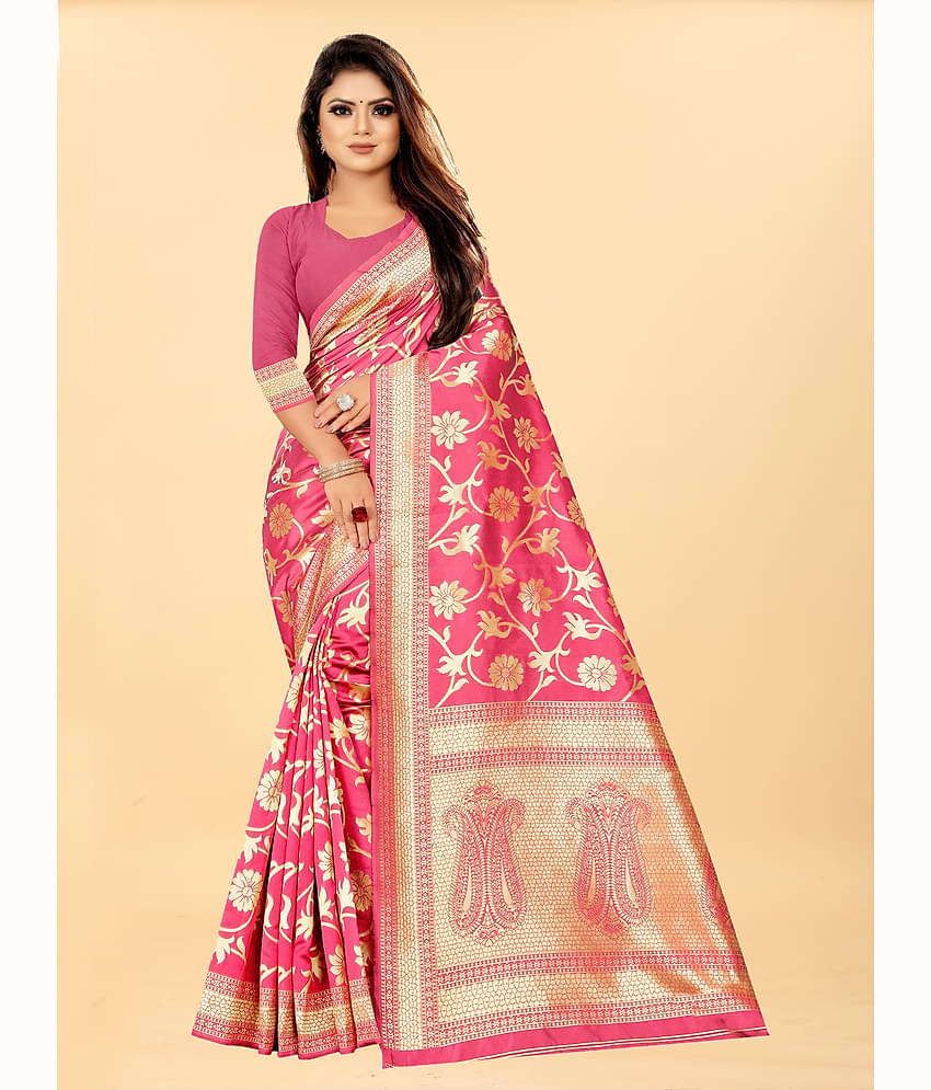 Gazal Fashions Banarasi Silk Embellished Saree With Unstitched Blouse Piece ( Wine )