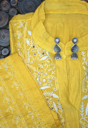 The Chikankari Story: Pure Mul Chanderi Semi-Stitched Co-ord Set: Hand Embroidered Chikankari with Mukaish Detailing, Chanderi Cotton Palazzo-Free Size / Yellow