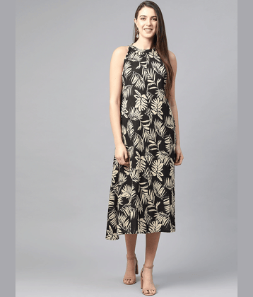 Yash Gallery Women Cotton Printed A-line Dress ( Black )