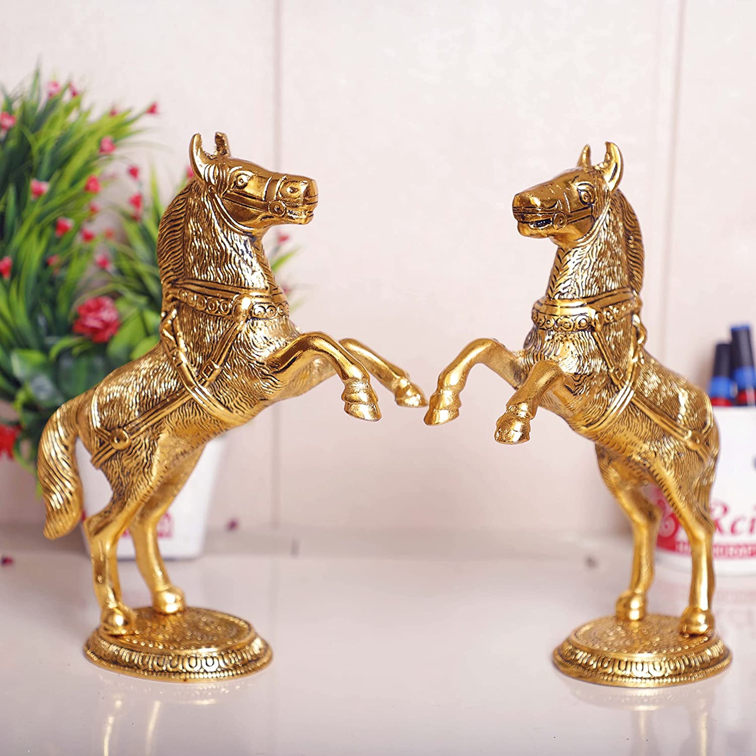 DreamKraft Metal Jumping Horse Set Statue Figurine - Large, Gold