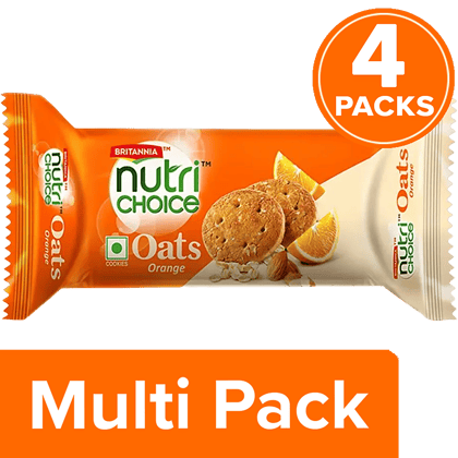 Britannia Nutri Choice Oats Cookies - Orange With Almonds, Healthy Snack, Fibre Enriched, 4 x 75 g Multipack