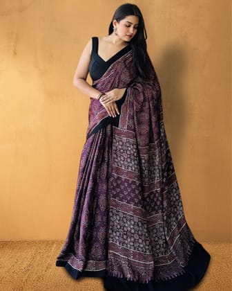 Heritage Hues  Rustic Modal Silk Ajrakh Saree Maroon