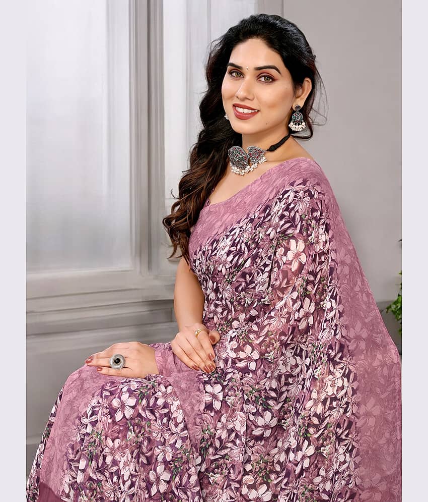 TTH Georgette Printed Regular Saree With Unstitched Blouse Piece ( Pink )