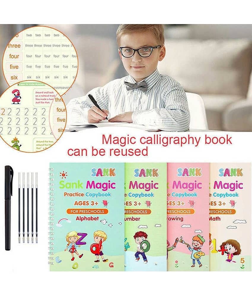 ZURU BUNCH 4 Set Sank Magic Practice Copybook for Kids-The Print Handwriting Workbook-Reusable Writing Practice Book (Four Books with Pen）