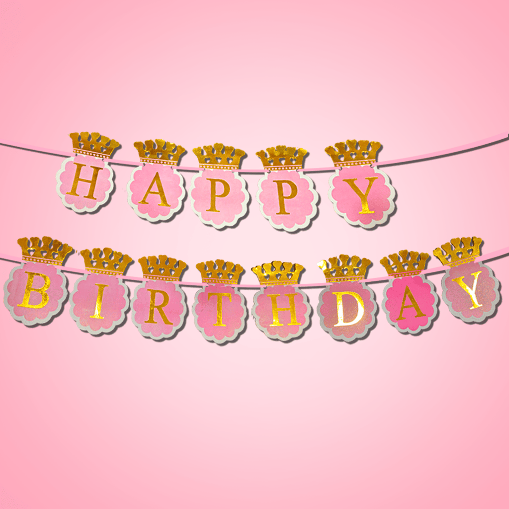 Happy Birthday Pink Banner with Golden Crown for Girls - 10FT - 1PC - Party and Festive Needs | Buy online on ZillyBuy