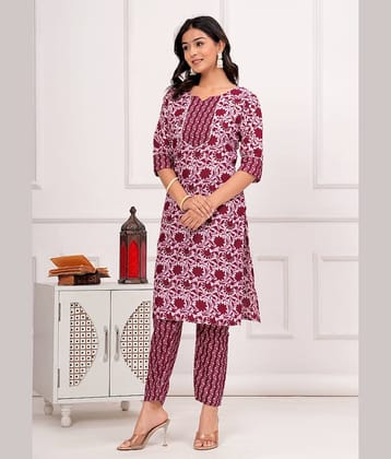 YAGNIK FASHION Women Cotton Printed Straight Kurti With Pants ( Maroon )