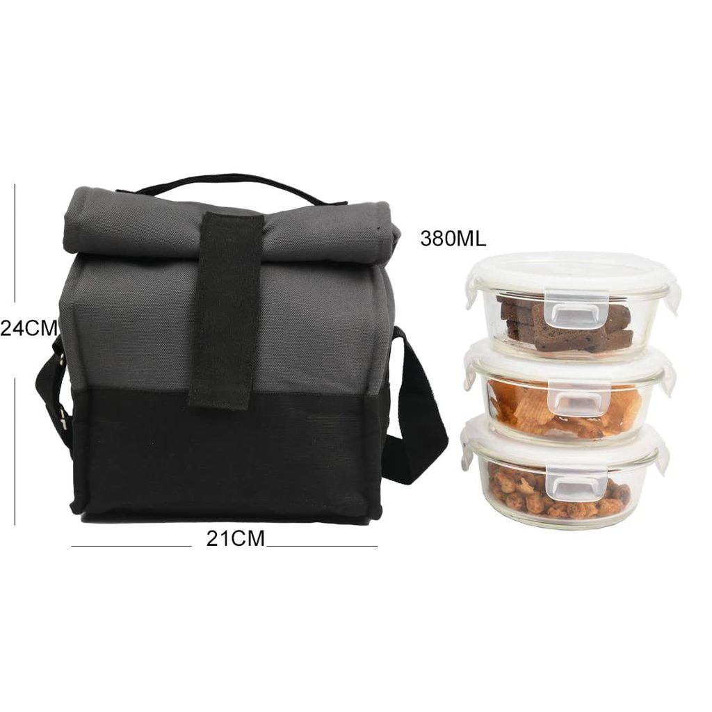 Femora Borosilicate Glass Round Container Grey Black Canvas Lunch Box-380ml, Set of 3