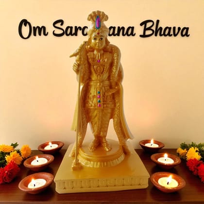 AMS Lord Murugan Raja Alangaram Idol with Parrot | Skanda Swamy Statue for Pooja Room, Office & Home Decor | Golden Resin Subramanya Swamy Showpiece | 17 cm Kartikeya Murti Gift