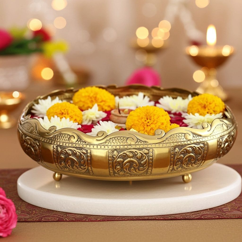 Brass Decorative Flower Urli � Handcrafted Home Decor Bowl, Diameter : 12.5 Inch (ATMAS036 B)