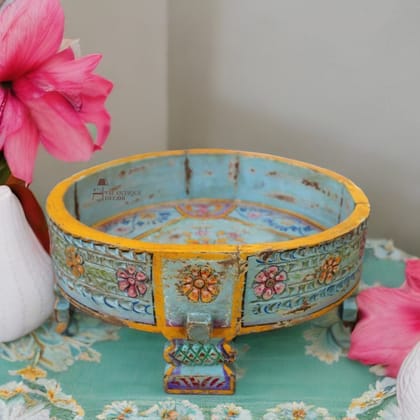 Antique Look Wooden Carved Round Coffee Table | Chakki Table With Storage Furniture