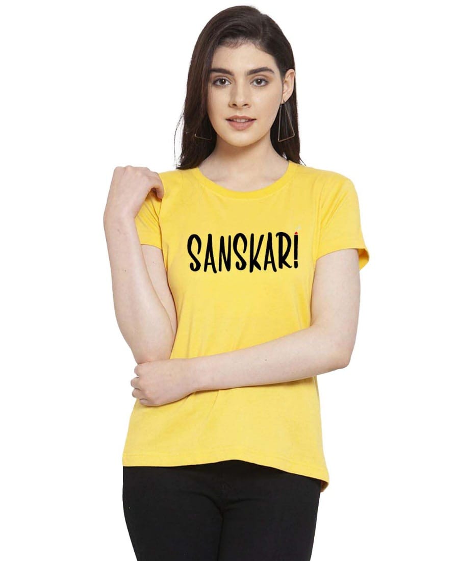 Women's Cotton Blend Sanskari Printed T Shirt S (Yellow)