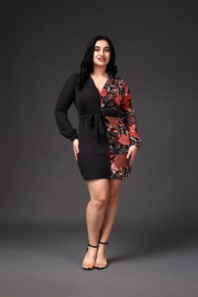 Black Solid Floral Printed Contrast Dress-L / Black